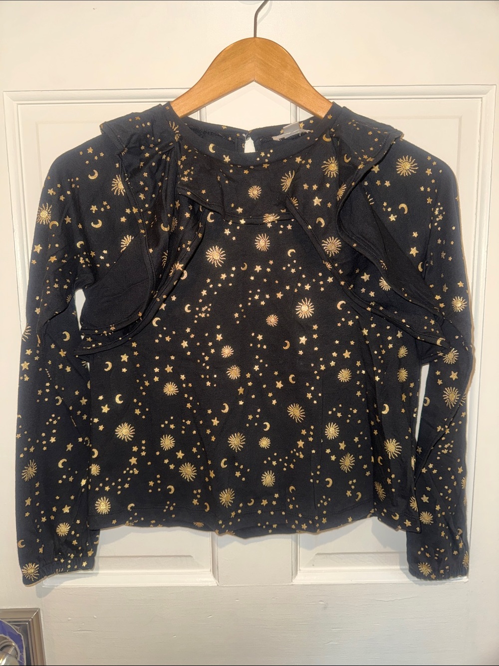 NWT-Crewcuts Black Long-Sleeve Top with Gold Celestial Print and Ruffle Detail